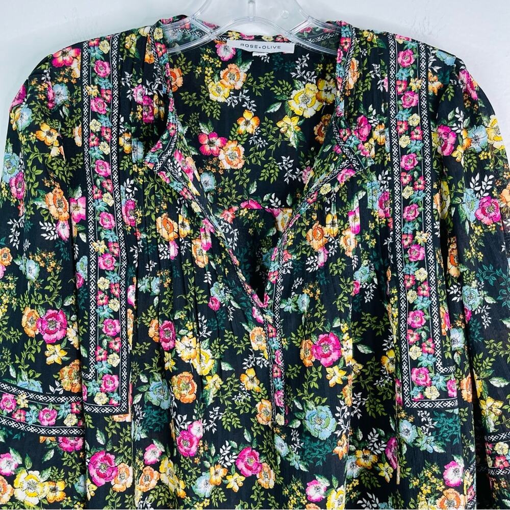 Rose & Olive black yellow pink floral boho popover pleated top large - Picture 2 of 8